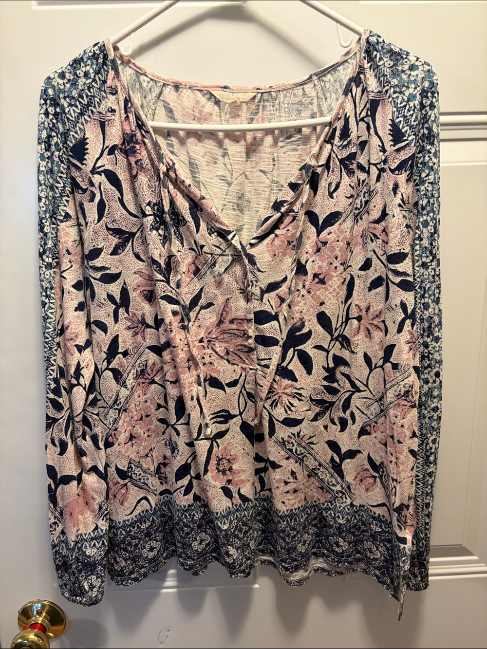 Lucky Brand Floral V-Neck Long Sleeve Top - Pink & Blue
